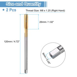 uxcell 2pcs Straight Flute Thread Taps, M8 x 1.25 120mm Extra Long Metric Titanium Coated Screw Threading Tapping Tools Thread Milling Machine Taps, High-Speed Steel 6542 (HSS 6542)