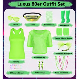 80s 90s Outfit Women's Neon 80s Outfit Party with Mesh Shirt, Tank Top, Bum Bag, Leg Warmer, Headband, Earring Necklace, 80s 90s Costume Accessory Set for Carnival Theme Party 030XL