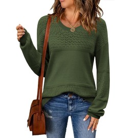 Zeagoo Sweaters for Women Long Sleeve Tops Knit Crew Neck Pullover Sweater Lightweight Green Crochet 2025 Fall Outfits S
