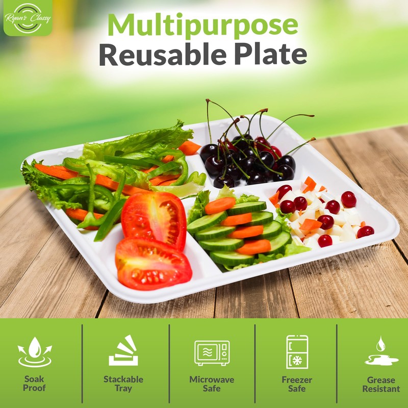 Ryan's Classy Plastic 5 Compartment Plates Disposable, 125 Pack Heavy-Duty