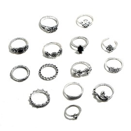 15 PCS Personality Silver Knuckle Rings Sets for Women, Boho Stackable Joint Finger Rings,Retro Hollow Sunflower Geometric Black Gemstone Ring Sets (B)