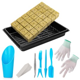 Aatacas Seed Starter Kit - 28 PCS 1.5 in Rockwool Cubes & 1 Pack Reusable Seedling Starter Tray with Gloves/Transplanting Devices/Iron Tweezer/Labels for Cuttings Propagation Plant Clone