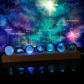 7Pcs 3D Solar System Crystal Ball with Led Wooden Stand, 40mm Laser Engraved Decorative Quartz Glass Sphere for Kids, Physics Enthusiasts, Space Model Collectors