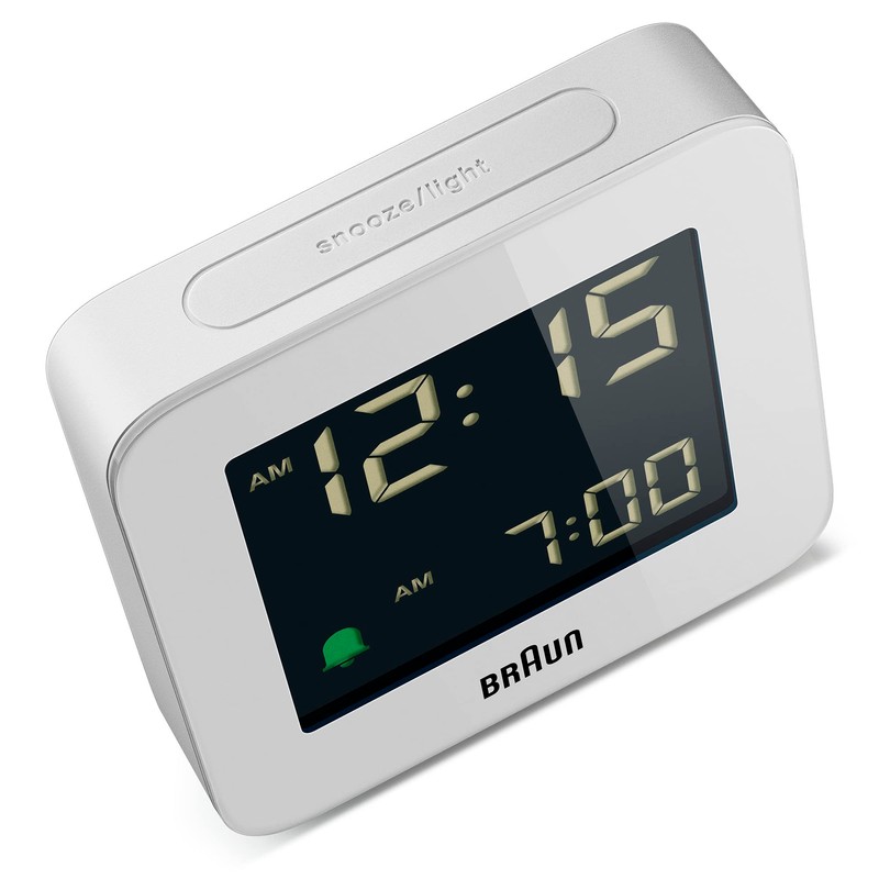 Braun digital alarm clock with snooze, negative LCD display, quick