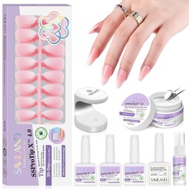 SAVILAND Almond Nail Tips 30 Days Wear: 96 Pcs 16 Sizes French Tip Nails Pink White Ombre Full Cover False Nail Tips Strong Nail Glue For Nail Tips Nail Primer Builder Nail Gel LED Lamp Manicure Kit