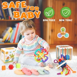 Baby Toys 0-6 Months,5 in 1 Montessori Toys for Babies 6-12 Months,Pull String Infant Teething Toys,Stacking Rings,Color Shape Sensory,Suction Cup Spinner Toys for 0-3-6-9-12 to 18 M+ Birthday Gifts