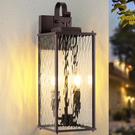 Sparluvix 18” Large Oil Rubbed Bronze Outdoor Lighting 1 Pack, 2-Light Bulb Water Ripple Glass Exterior Light Fixture Brown Wall Sconce Outside Light for House IP65 Waterproof Front Porch Lantern, E12