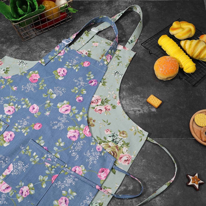SUSSURRO 2 Pack Floral Aprons with 2 Pockets, Cotton Canvas