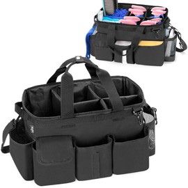 LoDrid Large Wearable Cleaning Caddy Bag with Detachable Divider, Cleaning Supply Tote with Handles, Organizer with Adjustable Shoulder Strap for Cleaners & Housekeepers, Black