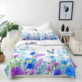 ANHOPE Floral Duvet Cover Set Soft Lightweight Microfibre 3 Piece Bedding Set with 2 Pillowcase Watercolor Flower Butterfly Dragonfly Print Pattern All Season Quilt Cover with Zipper Closure Single