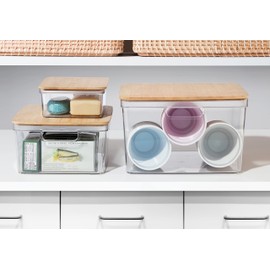 Oggi Clear Stackable Storage Bin with Bamboo Lid, Set of 3 - Ideal for Kitchen, Pantry, Cabinet, Bathroom, Bedroom, Kids, Refrigerator. With Handles & Lid - Organizer for Snacks, Toys, Crafts