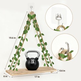 RICHER HOUSE Artificial Ivy LED-Strip Wall Hanging Shelves Set of 2, Macrame Shelf No Drilling for Bedroom Living Room Kitchen, Wood Hanging Plant Shelves for Wall Décor, Christmas Decorations