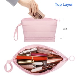 Ethereal Small Makeup Bag, Cute Puffy Travel Makeup Organizer Bag for Women Daily Double Layer Cosmetic Bag Portable Makeup Brush Bags, Pink