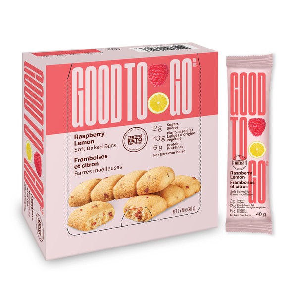 GOOD TO GO Raspberry Lemon Soft Baked Bars, 40g x 9 Bars; Non GMO, Certified Keto, Grain Free, Peanut Free, Gluten Free, B-Corp