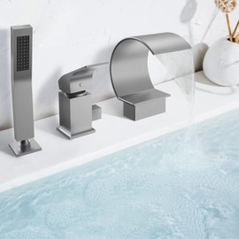 Waterfall Tub Faucet with Handshower: EVERSTEIN Roman Bathtub Faucets Set with Handheld Sprayer, Deck Mount Solid Brass Tub Filter,Brushed Nickel