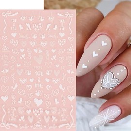 Valentine's Day Nail Art Stickers 8PCS Love Heart Nail Stickers 3D Self-Adhesive White Love Heart Letter Design Nail Decals for Valentines Nail Art Decorations Supplies Manicure Sliders Tips for Women