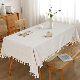 Eternal Beauty Rectangle TableCloth Cotton Faux Linen Table Cloth Wipe Clean Table Cover Tassel for Home Dining Party Restaurant Decoration (140x180cm,Beige)