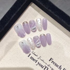 NLSJMP Handmade Press on Nails,Acrylic Fake Nails Kit,Luxury glitter pearl purple white silver rhinestone Design Nail Art Kit,Reusable False nails,Include Toolkit,10pcs,Size S，#1991