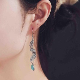 Dervivea Vintage Feather Turquoise Drop Earrings Turquoise Pearl Drop Earrings Silver Feather Dangle Earrings Turquoise Stone Earrings Spiral Feather Hook Earrings Jewellery for Women and Girls, Zinc