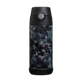 Snug Kids Water Bottle - insulated stainless steel thermos with straw (Girls/Boys) - Black Digi Camo, 12oz