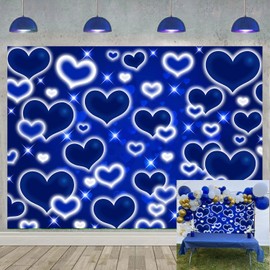 Blue Heart Photo Backdrop 7x5FT Valentines Early 2000s Background Glitter Heart Sweet 16 18th 21th 30th Women Men Happy Birthday Party Supplies Selfile Wall Decor