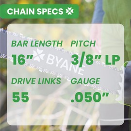 BYANE Chainsaw Chain 16" 3/8"LP Pitch-.050" Gauge 55 DL fits Stihl 009, 009L, 011, 015 021, MS 170, MS 210 McCulloch 12ES,Craftsman 358.34119, 316, Wen6014, 6019, and More- S55 (1 Chain)