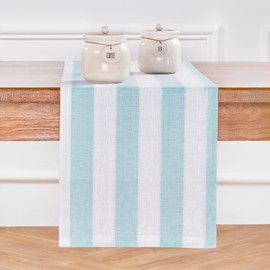 Solino Home Stripe Linen Table Runner 72 Inches Long - Aqua and White, 100% Pure Linen Easter Table Runner 14 x 72 Inch Ideal for Wedding, Parties - Cabana Stripe