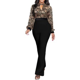sexycherry Black Sparkly Jumpsuit for Women Elegant Mock Neck Long Sleeve Long Straight Bell Jumpsuits with Zipper for Cocktail Party Club Night(Gold,XL)