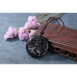 JOVIVI Tree of Life Obsidian Crystal Stone Healing Amulet Protection Pendant Necklace Men Handcarved Natural Black Gemstone Quartz Jewellery for Women Gifts