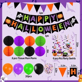 Happy Halloween Banner Halloween Party Decorations Honeycomb Ball Balloons Hanging Swirl for Halloween Indoor Home Office Class Party Supplies