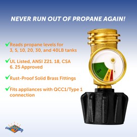 Flame King Propane Tank Gauge Level Indicator Leak Detector Gas Pressure Meter Color Coded & Glow in The Dark Universal for Cylinder, BBQ Gas Grill, RV Camper, Heater Propane Gas Tank Level Indicator