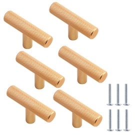 Cjueiom 6 Pack Gold Cupboard Knobs 50mm Length T Bar Handles, Knurled Drawer Knobs Cupboard Pull Handles with Diamond Pattern, Wardrobe Door Knobs Kitchen Cabinet Knobs for Bedroom Drawer Closet