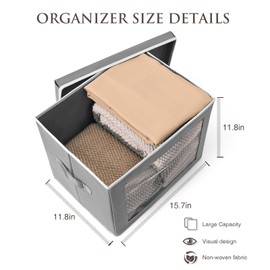 Homsorout Large Storage Bins with Lids - Fabric Storage Cubes with Window, Foldable Storage Boxes for Clothes, Closet Organizers and Storage Bins for Bedroom, Dorm, Office, Light Grey, 4 Pack