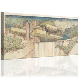 Frank Lloyd Wright Falling Water: 24x48 Extra Large Stretched Canvas - Iconic Architectural Masterpiece Wall Art - Elegant Home Decor, Artistic Gift for Architecture Enthusiasts, Timeless Aesthetic