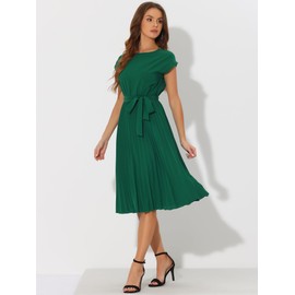 Allegra K Women's Pleated Dress Crew Neck Cap Sleeve Tie Waist A-Line Dresses Small Green