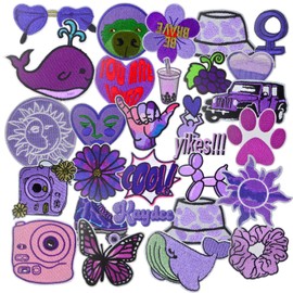 30pcs Purple Series Embroidered Iron on Patches Mixed Daisy Flower Paw Print Letters Sewing Patch Appliques for DIY Clothing Jackets Jeans Pants Backpacks Repair Decoration