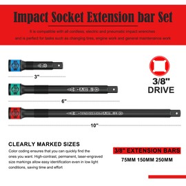 KIRXST 3/8" Impact Socket Extension Bar Set 3PC Drive Extension Bar 75 mm 150 mm 250 mm CR-V Steel Wrench Extender for Manual Pneumatic Torque Wrench