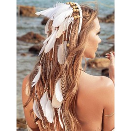 GORTIN Boho Feather Headband Indian Hippie Headbands White Gypsy Headpiece Hair Band Adjust Feather Headdress Bohemian Festival Costumes Hair Accessories for Women and Girls (Type A)