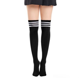 Ammiko Womens Thigh High Socks Cotton Striped Over the Knee Socks Long Knee High Socks Casual High Stockings for Women Black White