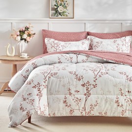 AIKASY Queen Comforter Set 7 Pieces- Soft Microfiber, Reversible Cute Floral Bedding Comforter Sets (1 Comforter, 2 Pillow Shams, 1 Flat Sheet, 1 Fitted Sheet, 2 Pillowcases)