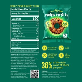 CRISP POWER High Protein Pretzels, Variety Pack With Sea Salt, Sesame, & Everything, 28g Plant-Based Protein Per Bag, Low Carb, Crunchy, No Added Sugar, Keto-Friendly Vegan Snack, 1.75 oz, 6 Pack
