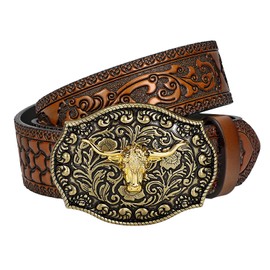 TRIWORKS Western Cowboy Leather Belt for Men Women Cowgirl, Western Buckle Belt for Jeans