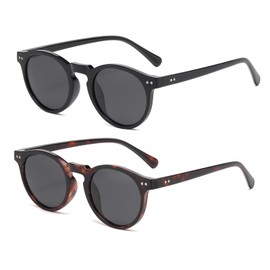 YAMEIZE Vintage Polarised Small Round Sunglasses - for Women Men Classic Style Round Glasses UV400 Protection Outdoor Driving, Black and leopard print