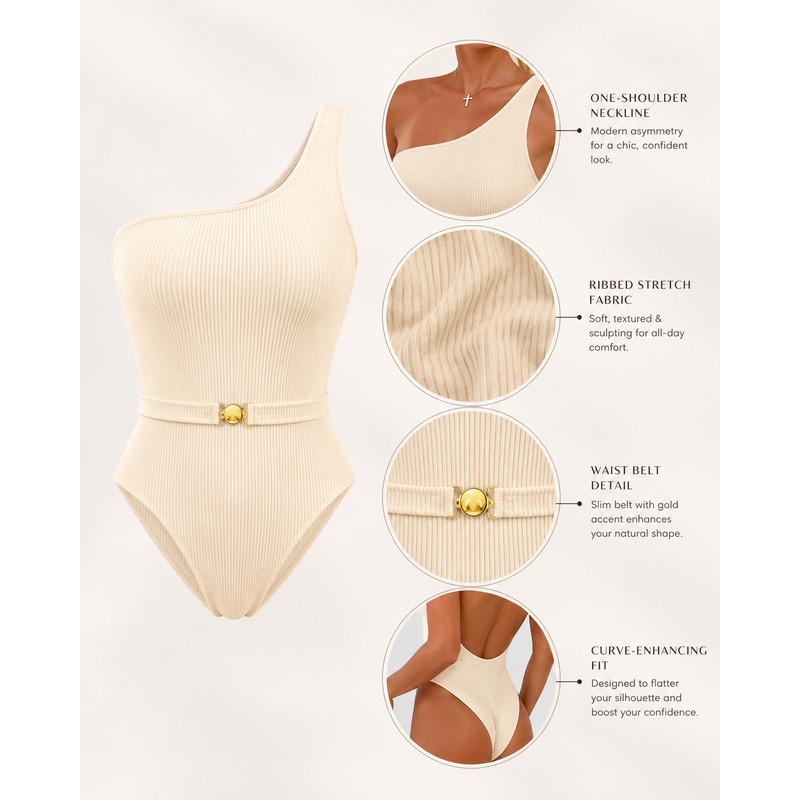 Women’s One-Shoulder One-Piece Swimsuit for Beachwear – Belted Monokini for