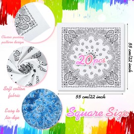 Bonuci 20 Pieces White Bandana Bulk for Tie Dying Cotton Paisley DIY Scarf Bandana Multipurpose Head Wrap for Tie Dye Favors