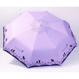 SUNHUITOY Windproof Compact Travel Folding Cute Cat Umbrella,Auto Open Close Rain&Sun Lightweight Portable Umbrellas with Cover for Kids Women Men (Purple)
