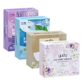 YUCO Laundry Detergent Sheets, Amber Sandalwood Scent 80 Loads 1 Pack, Jasmine And Lily of the Valley Scent 1 Pack, Lavender Scent 1 Pack, Fresh Scent 80 Loads 1 Pack, Total 320 Loads, Total 4 Packs