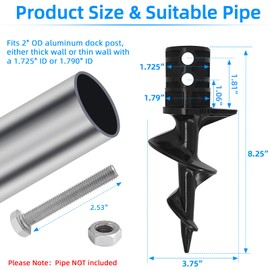 Dock Auger for 2" OD Pipe w/ 1.725" ID or 1.790" ID, Dock Sand Auger for PVC Tubing Sandbar Anchor or Aluminum Dock Post Pole,Stationary/Floating Dock Auger Anchors for Mud,Sand,Lake,Clay,River Bottom