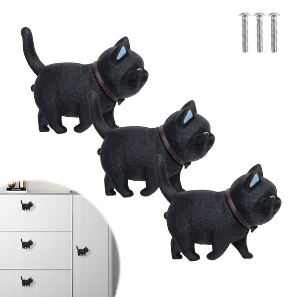 TIANLIN Cat Shaped Furniture Knobs Children, Pack of 3 Black
