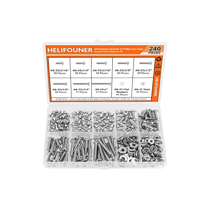 240 Pieces #6-32 Phillips Pan Head Machine Screws Nuts Washers